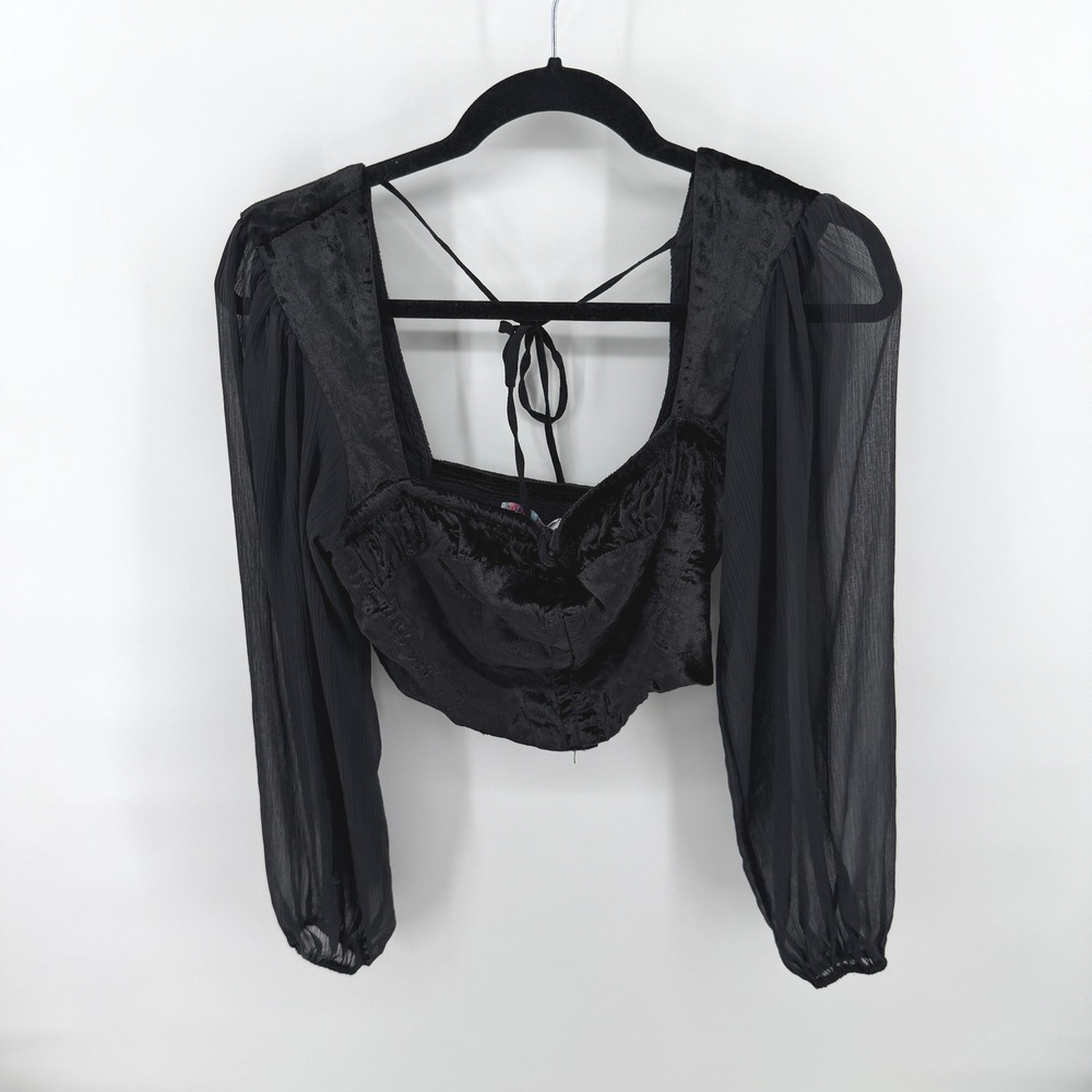Urban Outfitters Crop Top Velvet Sheer Sleeve M Black Womens Gothic Victorian